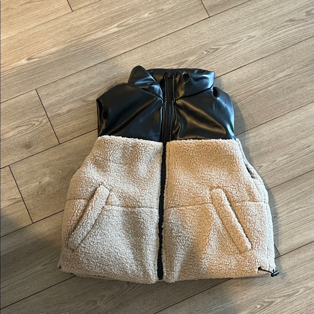 Black Faux Leather and Cream Sherpa Vest